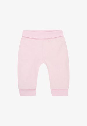 Bløde lyserøde babybukser med bred linning og ribkant ved benene, designet for komfort og nem bevægelse.