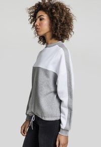 Hellgrau und weißes Sweatshirt aus weichem Stoff, mit Rundhalsausschnitt, langen Ärmeln und Kordelzugdetails am Saum.