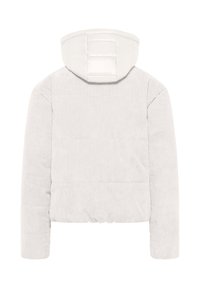 Lichtgrijze corduroy pufferjack met een capuchon, voorzien van een gewatteerd ontwerp en elastische zoom en manchetten. Soepele textuur en eenvoudig design.