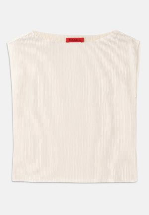 Cream-colored top made from ribbed fabric, featuring a wide neckline and an unstructured shape. Label stitched in red at the neck.