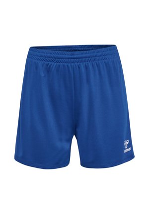 Niebieskie spodenki sportowe wykonane z gładkiego, lekkiego materiału, z elastycznym paskiem w talii i małym białym logo w prawym dolnym rogu.