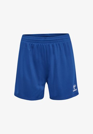 Blauwe sportshorts gemaakt van glad, lichtgewicht stof met een elastische tailleband en een klein wit logo aan de onderzijde rechts.