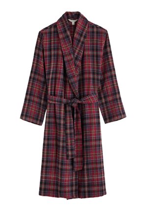Karierte Badrobe in Dunkelrot, Marineblau und Weiß; mit langen Ärmeln, einem Wickeldesign und einem passenden Gürtel in der Taille. Weicher Stoff.