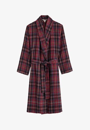 Karierte Badrobe in Dunkelrot, Marineblau und Weiß; mit langen Ärmeln, einem Wickeldesign und einem passenden Gürtel in der Taille. Weicher Stoff.