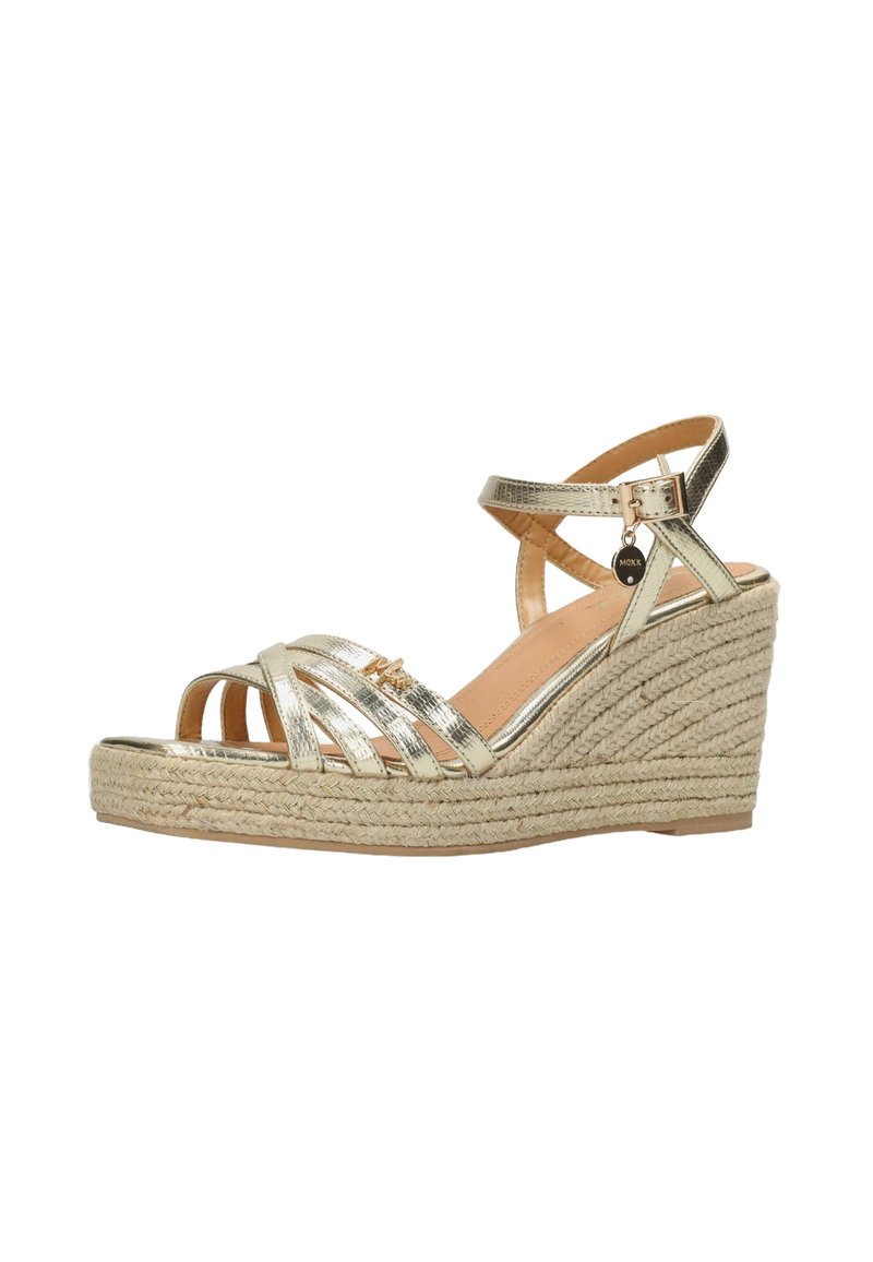 Zlaté metalické klínové sandály s espadrilovým pleteným juty podešví, s mnoha křížovými popruhy a nastavitelným nártem.