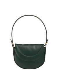 Borsa a spalla in pelle verde scuro con chiusura a patta curvata e tracolla regolabile con dettagli in hardware color oro.