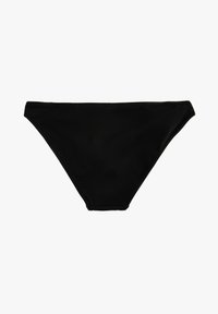 Parte inferior de bikini negra hecha de una tela suave y elástica. Presenta una forma triangular clásica con un corte alto en las piernas y costuras mínimas.