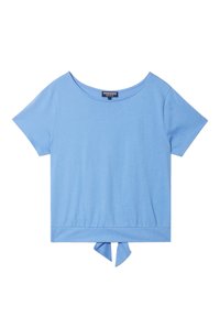 Top in cotone azzurro chiaro a maniche corte, con scollatura rotonda e dettaglio annodato sull'orlo. Tessuto morbido, vestibilità casual.