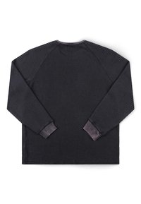 Μακρυμάνικο πλεκτό πουκάμισο βολβού σε σκούρο γκρι, με ριμπ μανσέτες, στρογγυλή λαιμόκοψη και μανίκια ράγκλαν, σε επίπεδη προβολή από πίσω σε λευκό φόντο.