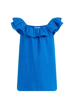 Robe bleu vif sans manches avec un large col à volants et un tissu texturé, idéale pour une tenue décontractée d'été.