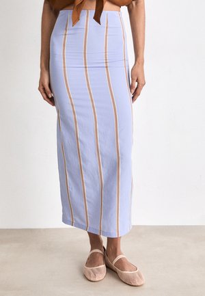 Light purple, midi-length skirt with vertical yellow and orange stripes. Made from a smooth fabric, featuring a form-fitting design.