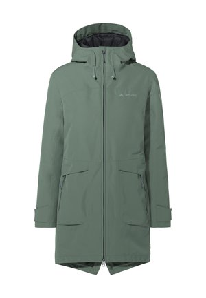Wasserdichte grüne Parkajacke mit Kapuze, zwei vorderen Taschen und Reißverschluss. Verfügt über eine glatte Textur und verstellbare Kordeln.
