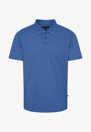 Kék pamut póló klasszikus gallérral, háromgombos gombolással, rövid ujjaival és egyenes szegéllyel; kis logó részlettel rendelkezik.