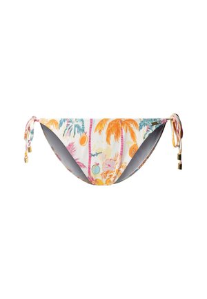 Slip bikini bianco con stampa tropicale multicolore di palme e fiori, con laccetti laterali con punte in metallo color oro.