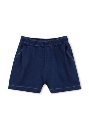 Shorts bleu marine en tissu doux, dotés d'une ceinture élastique, de deux poches latérales et de surpiqûres contrastantes.