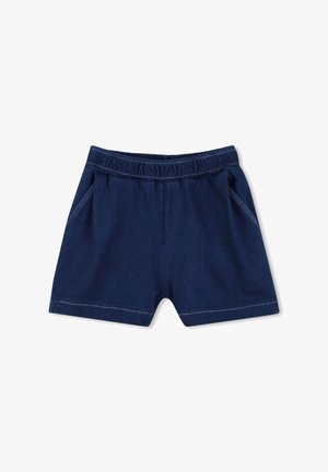 Shorts bleu marine en tissu doux, dotés d'une ceinture élastique, de deux poches latérales et de surpiqûres contrastantes.
