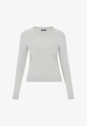 Heleda hallhallane juhtmeid kootud sviiter pikkade varrukatega, ribadega mansettide ja servadega, mille vasakul rinnal on väike valge ankru logo.