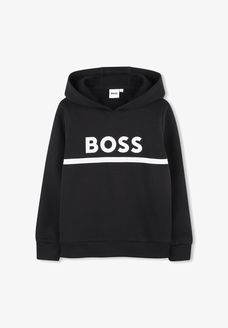 Sweat à capuche noir à manches longues, avec le mot « BOSS » en lettres blanches majuscules au-dessus d'une bande blanche horizontale sur la poitrine.