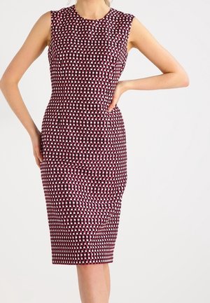 Sleeveless knee-length dress with fitted waist, featuring a red, pink, and white checkered pattern on a plain background.