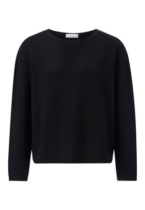 Melnā adīta džemperis, apaļa apkakle, garas piedurknes, brīva piegriezuma, gluda tekstūra un neliela stiepšanās. Nav pamanāmu rakstu vai detaļu.