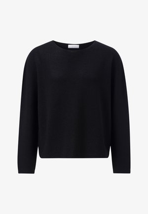 Melnā adīta džemperis, apaļa apkakle, garas piedurknes, brīva piegriezuma, gluda tekstūra un neliela stiepšanās. Nav pamanāmu rakstu vai detaļu.