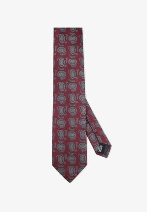 Bordowa mucha z powtarzającym się wzorem szarych owalów z pomarańczowymi akcentami. Teksturowany materiał, wąski fason i spiczasty koniec.