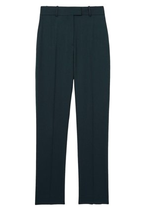 Dunkel marineblaue, maßgeschneiderte formelle Hose mit Gürtelschlaufen und schmaler, gerader Passform, flach auf weißem Hintergrund präsentiert.