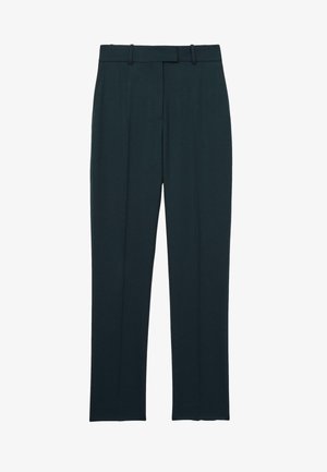 Dunkel marineblaue, maßgeschneiderte formelle Hose mit Gürtelschlaufen und schmaler, gerader Passform, flach auf weißem Hintergrund präsentiert.