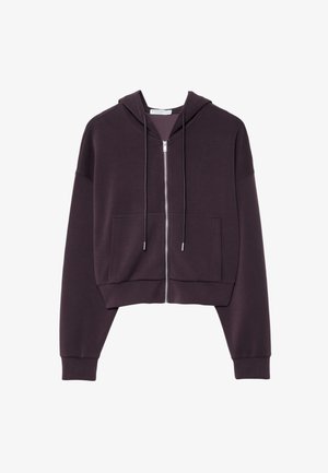 Donkerpaarse cropped hoodie van zachte stof, met een ritssluiting aan de voorkant, een capuchon met trekkoord en twee voorzakken in een relaxte pasvorm.