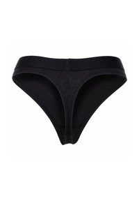 Perizoma in cotone nero con una superficie liscia, ampia vita elastica e aperture per le gambe arcuate. Presenta cuciture impunturate per una maggiore durata.