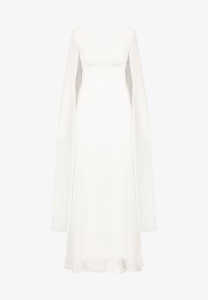 Langærmet hvid kjole med dyb V-udskæring, struktureret bodice, blød plissering og flydende nederdel. Glat tekstur og let stof.