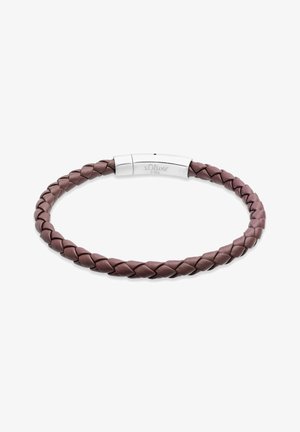 Geflochtenes Lederarmband in einem tiefen Mauve-Ton mit einem silbernen Metallverschluss, das eine glatte Oberfläche und eine gravierte Markenkennzeichnung aufweist.