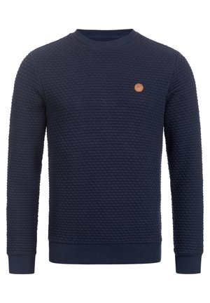 Navyblauwe sweatshirt met een gestructureerde gebreide stof, ronde halslijn, ribgebreide manchetten en zoom, met een klein bruin leren logo-label op de borst.