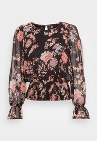 Blusa floral em preto, com mangas bufantes transparentes, cintura franzida e decote redondo com um recorte em forma de gota. Flores em rosa e azul.