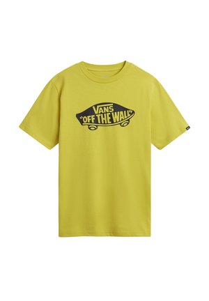 Geel T-shirt met korte mouwen met zwart "Vans Off The Wall" skateboardlogo in het midden op de voorkant.