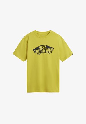 Żółta koszulka z krótkim rękawem z czarnym logo skateboardowym "Vans Off The Wall" umieszczonym na środku z przodu.