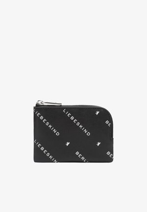 Black leather wallet with white logo text, zippered closure, rounded shape, and slight texture. Accented with a small lion emblem.