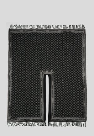 Écharpe noire et grise à motifs avec des bords à franges et une fente centrale, présentant le logo "Karl Lagerfeld" répété sur la bordure.