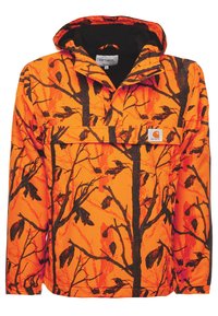 Felpa arancione brillante con motivo di rami neri, cappuccio integrato e tasca a marsupio frontale. Realizzata in tessuto leggero.