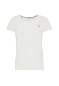 T-shirt bianco a maniche corte in cotone. Presenta un collo rotondo e un piccolo logo ricamato sul lato sinistro del petto. Texture liscia.