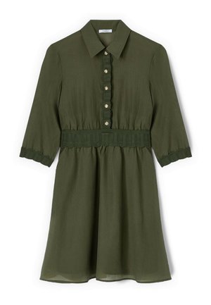 Olivinvihreä polvipituinen mekko, jossa on kaulus, napitettu etulista, pitsinen vyötärönauha ja hihansuut sekä kolme neljäsosaa hihat.