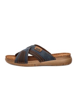 Sandalia tipo slide marrón y azul marino con tiras cruzadas y suela texturizada, diseñada para uso casual.