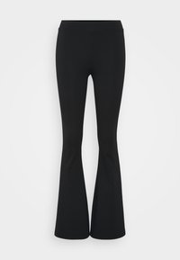 Leggings negros acampanados hechos de una tela elástica, con una cinturilla alta y una textura suave y lisa. Diseño de longitud completa con parte inferior acampanada.