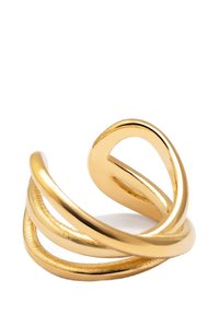 Gold metal ring with a twisted design featuring three curved bands, smooth texture, and reflective finish, forming an open shape.