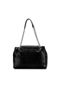 Borsa a tracolla in pelle nera con manici a catena argentata e spalline in pelle, forma rettangolare, superficie liscia, su sfondo bianco.