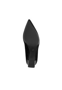 Chaussure à talon haut noire avec un bout pointu, surface lisse et semelle en caoutchouc texturée. Caractérisée par un petit talon large pour plus de stabilité.