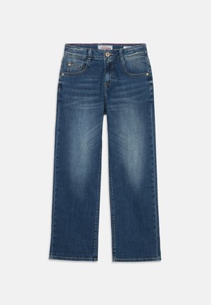 Blue denim wide-leg jeans featuring a light wash, five pockets, contrasting stitching, and a front button closure.