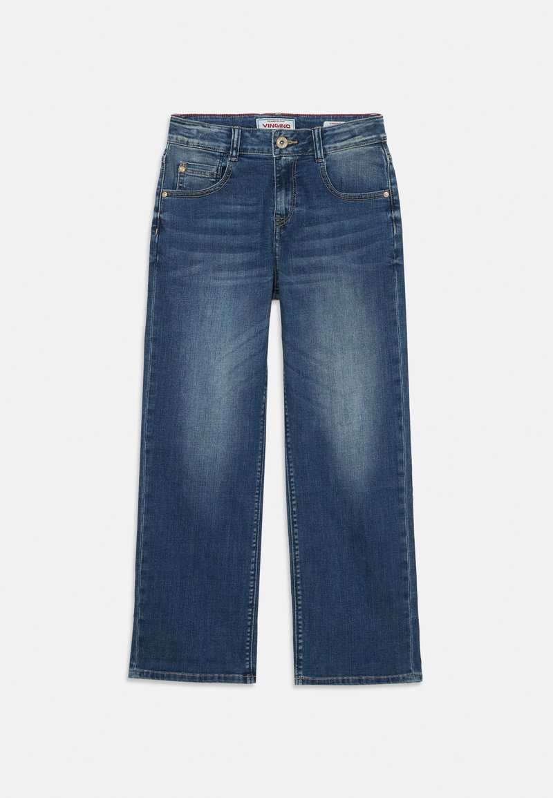 Sinised denim laiad püksid, millel on heledam pesu, viis taskut, kontrastne õmblus ja esi-nuppude sulgemine.