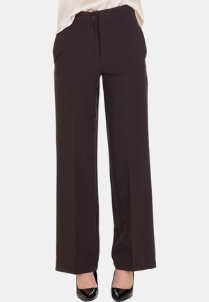 Pantaloni a gamba larga di colore marrone scuro realizzati in tessuto liscio. Presentano una chiusura con bottone anteriore e tasche. Ideali per un abbigliamento formale o casual.
