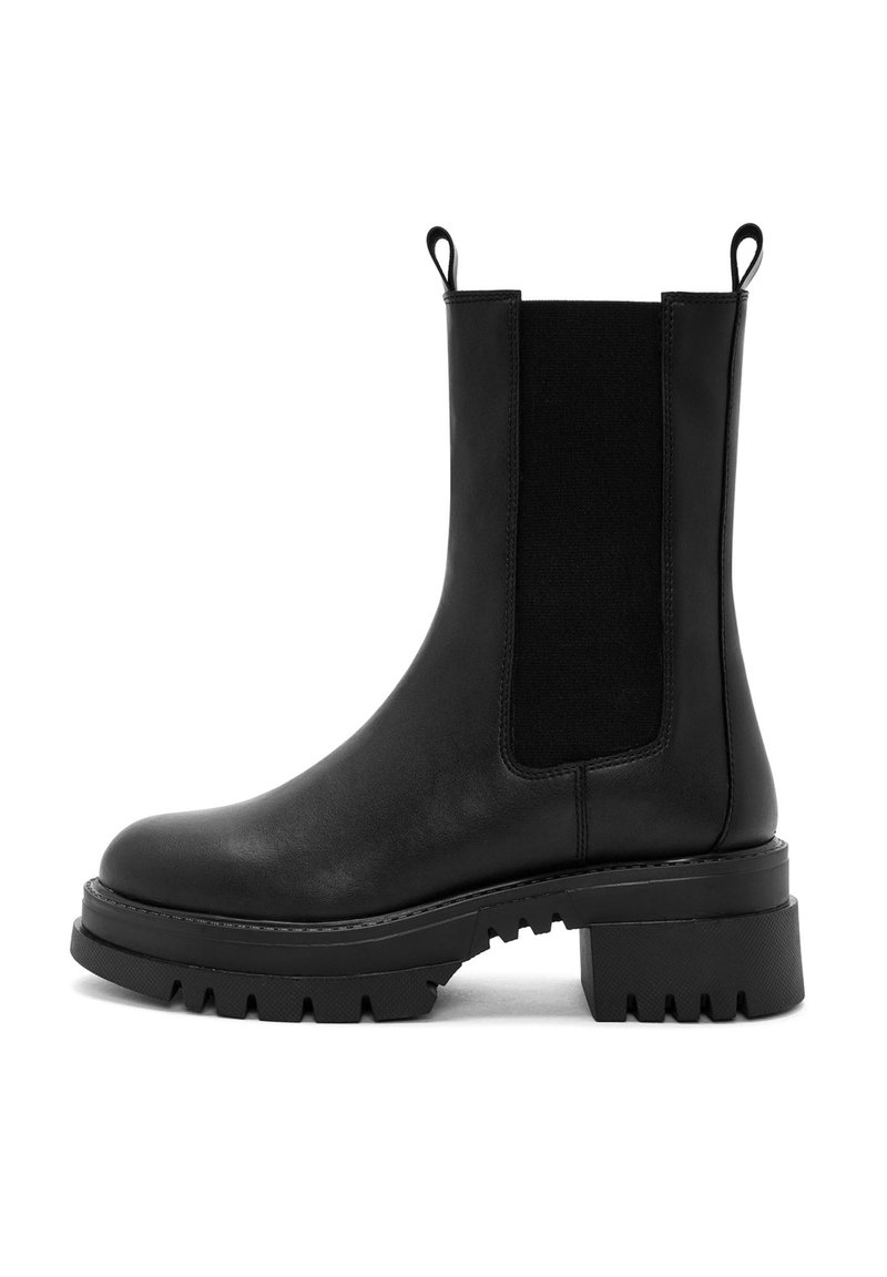 Black leather ankle boot with elastic side panels, pull tabs, chunky sole, and textured tread. Smooth finish and robust design.